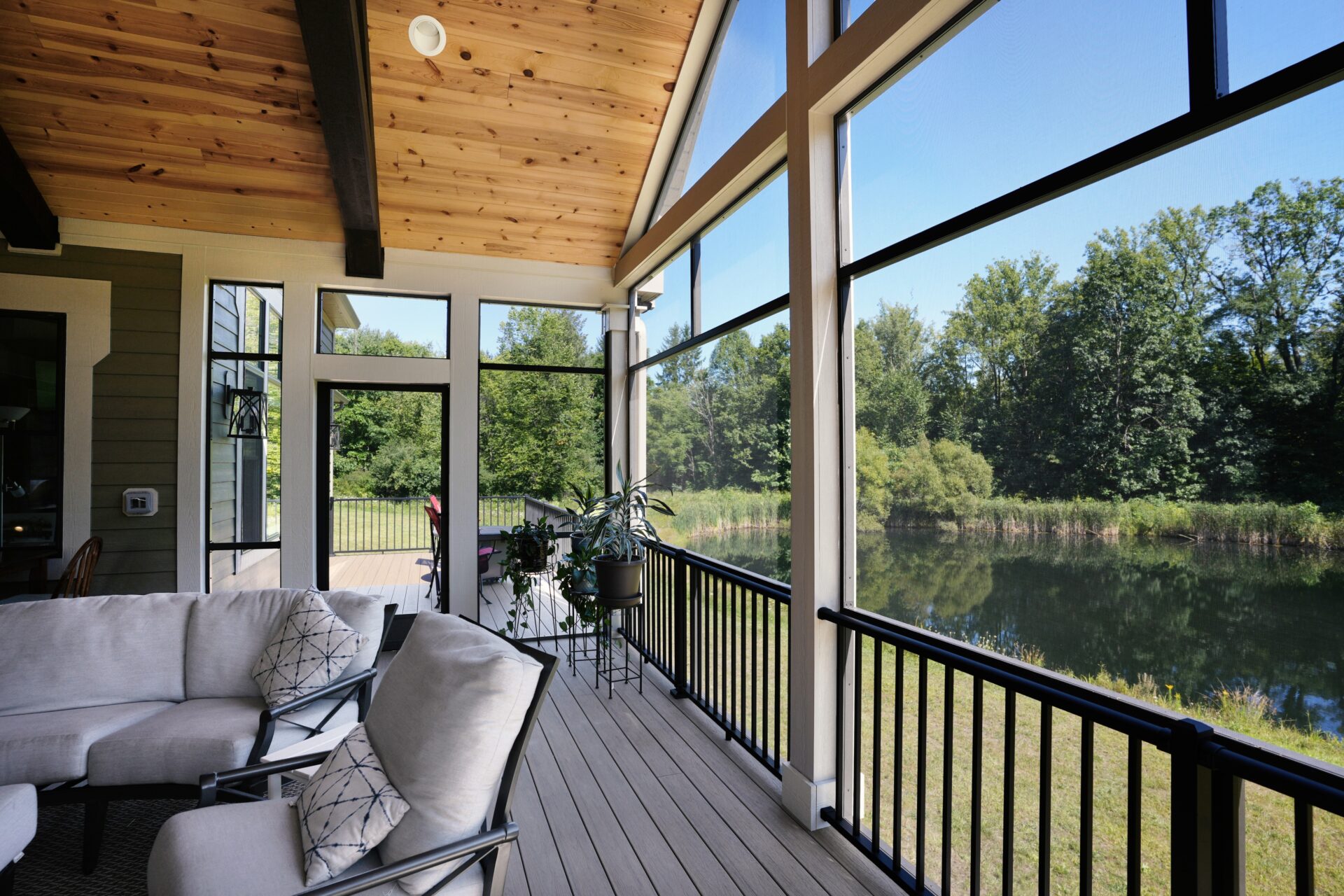 By installing fixed permanent screening on this Peninsula, Ohio home’s covered porch, creates the perfect peaceful summer retreat. Screening Solutions Ohio splined mesh into custom framing to enclose the large porch space including the porch’s peak design. With the screens, the homeowners can now sit outdoors in the summer without being bothered by insects.